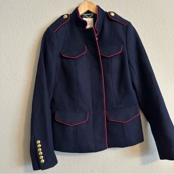 Olivia Palermo Banana Republic Belted Military Navy Blue Red Jacket Size Small - Picture 4 of 9